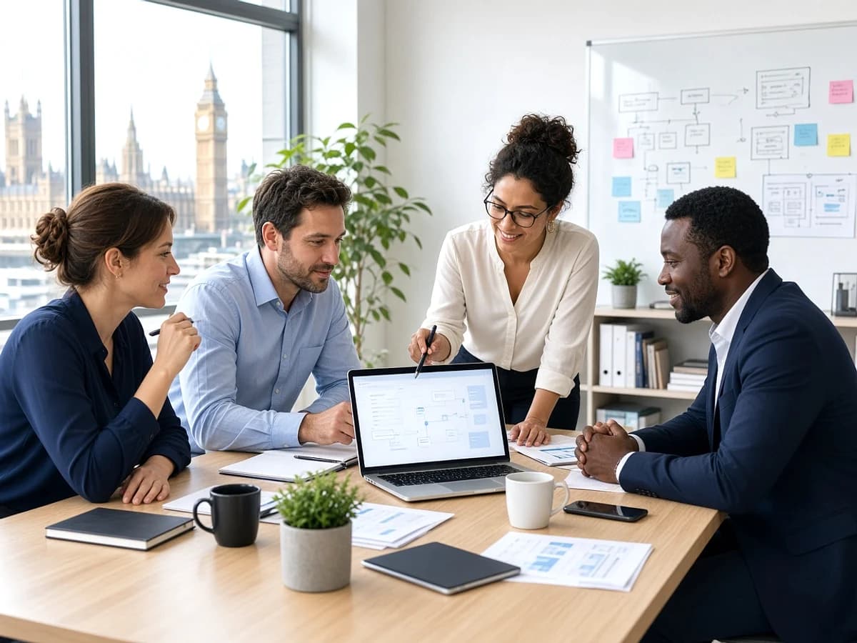 UK business team discussing low code application requirements in a London office