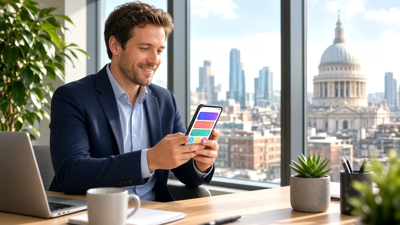 UK business professional using a modern mobile application in a London workplace