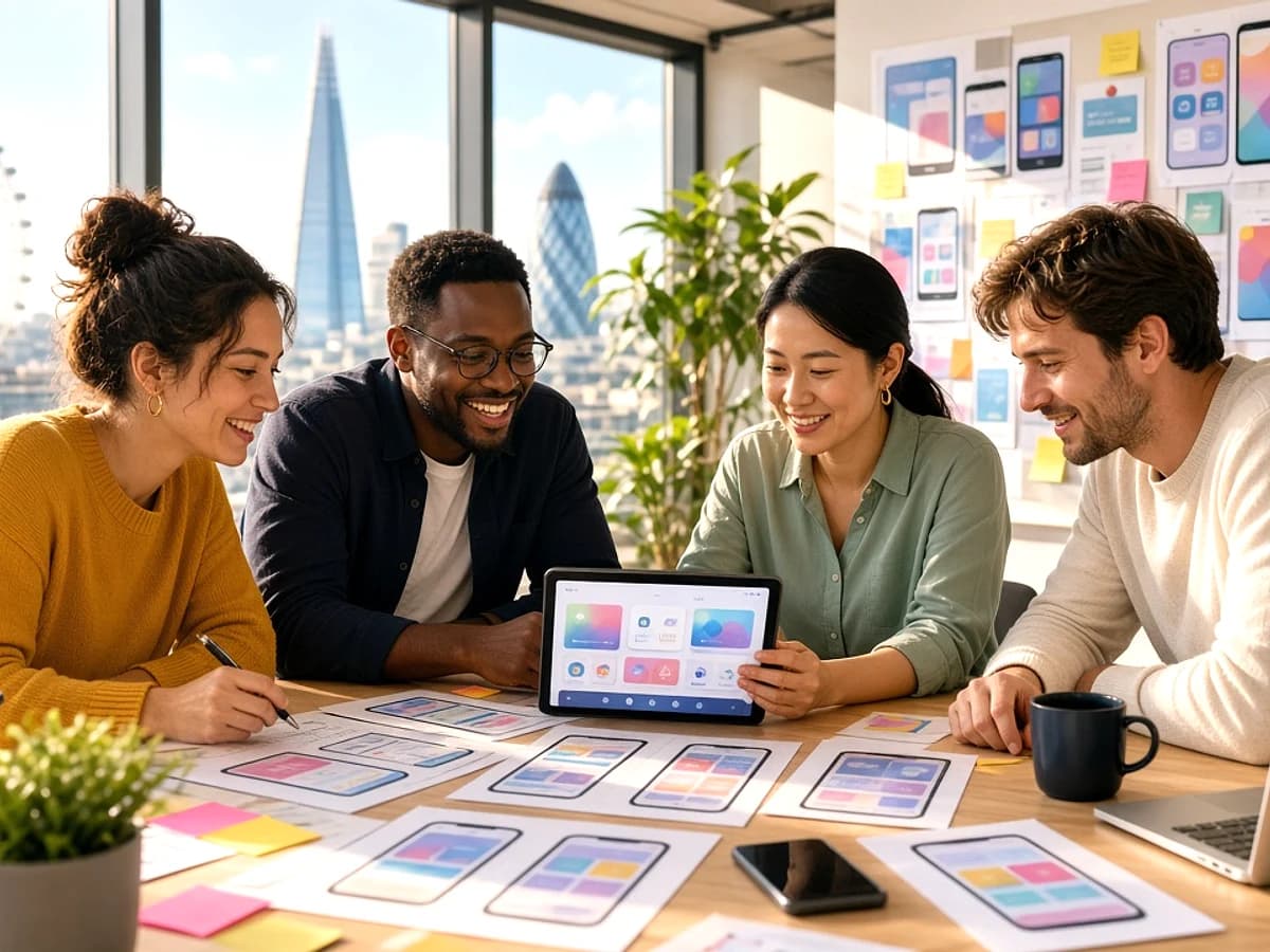 Digital product team collaborating on a mobile application in a modern London workspace