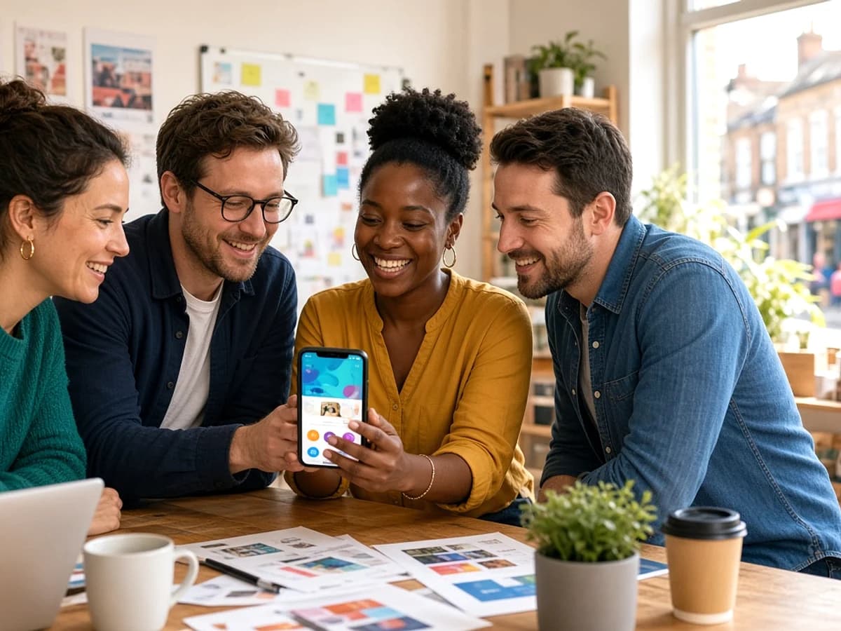 Small business team reviewing a mobile application in a UK office