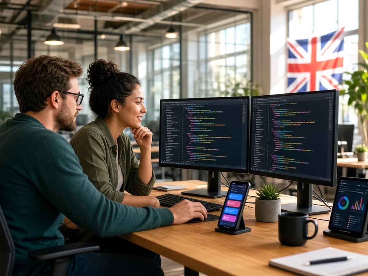 Mobile developers building an application in a UK technology workspace