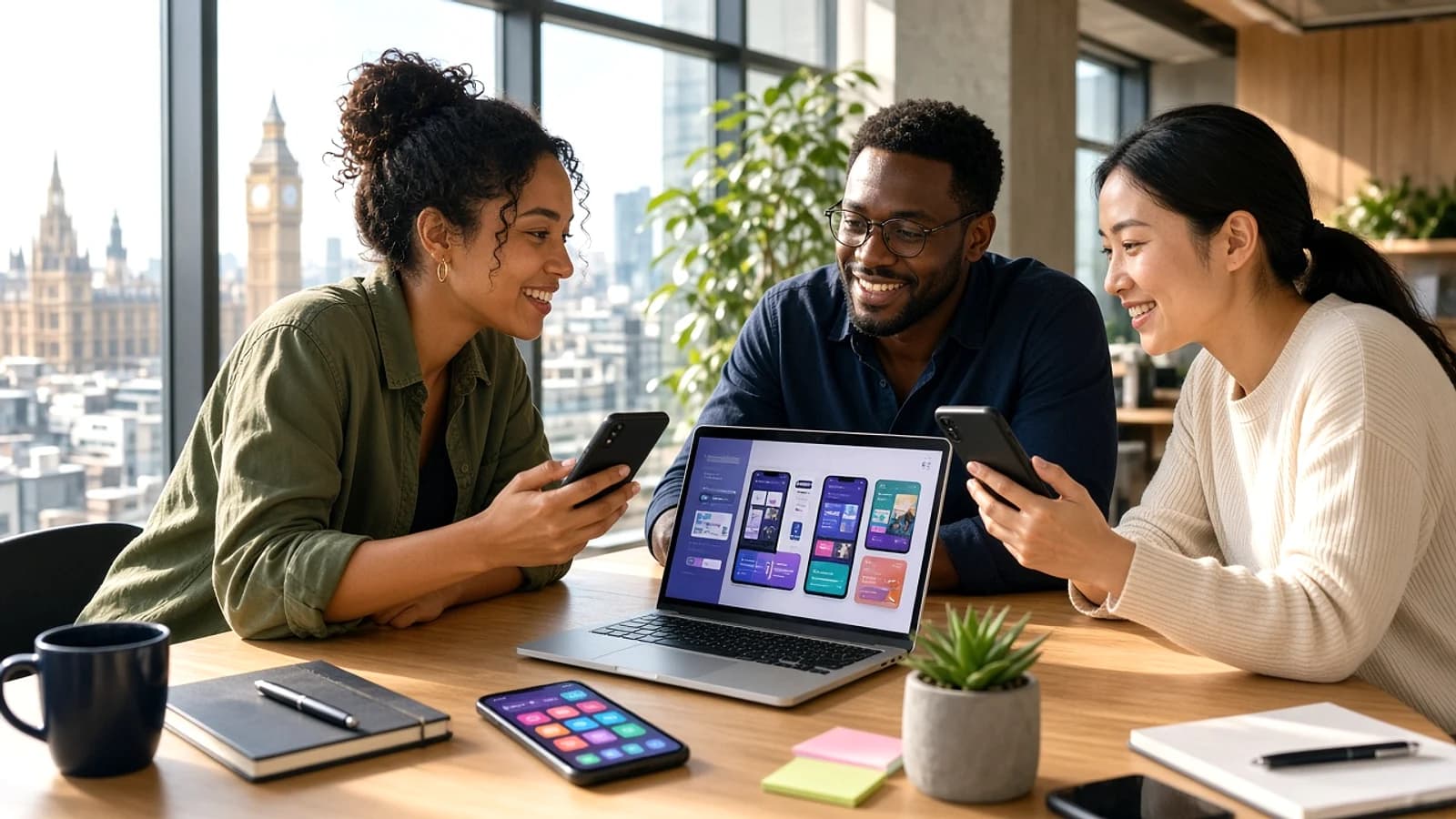 Mobile app development team discussing a digital product in a modern London office
