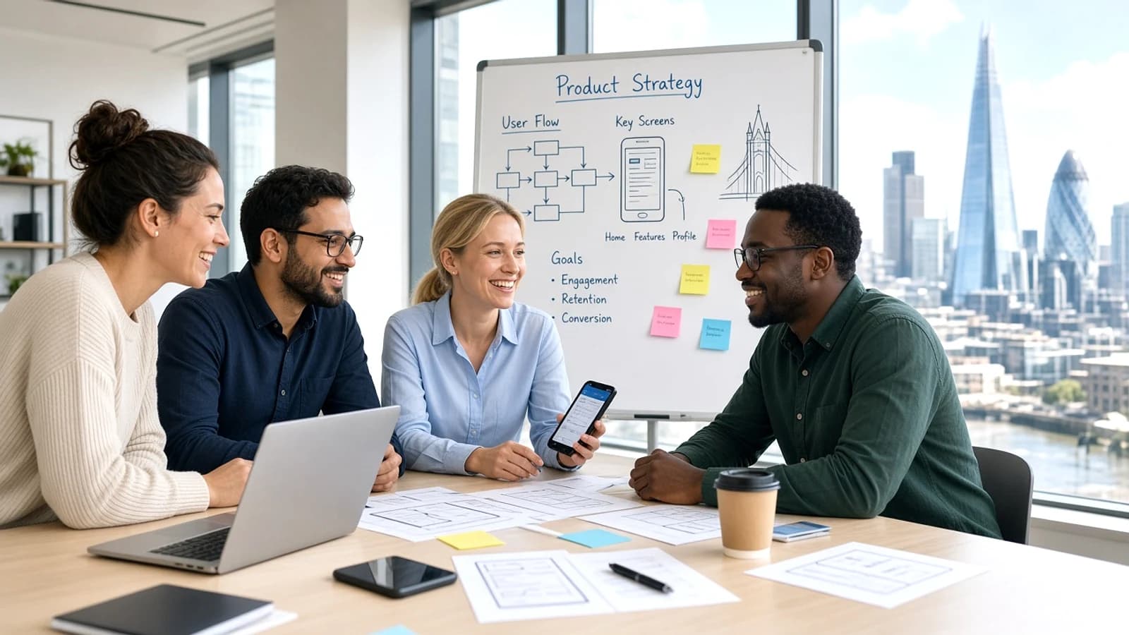 Mobile app development experts discussing a digital product strategy in a London office