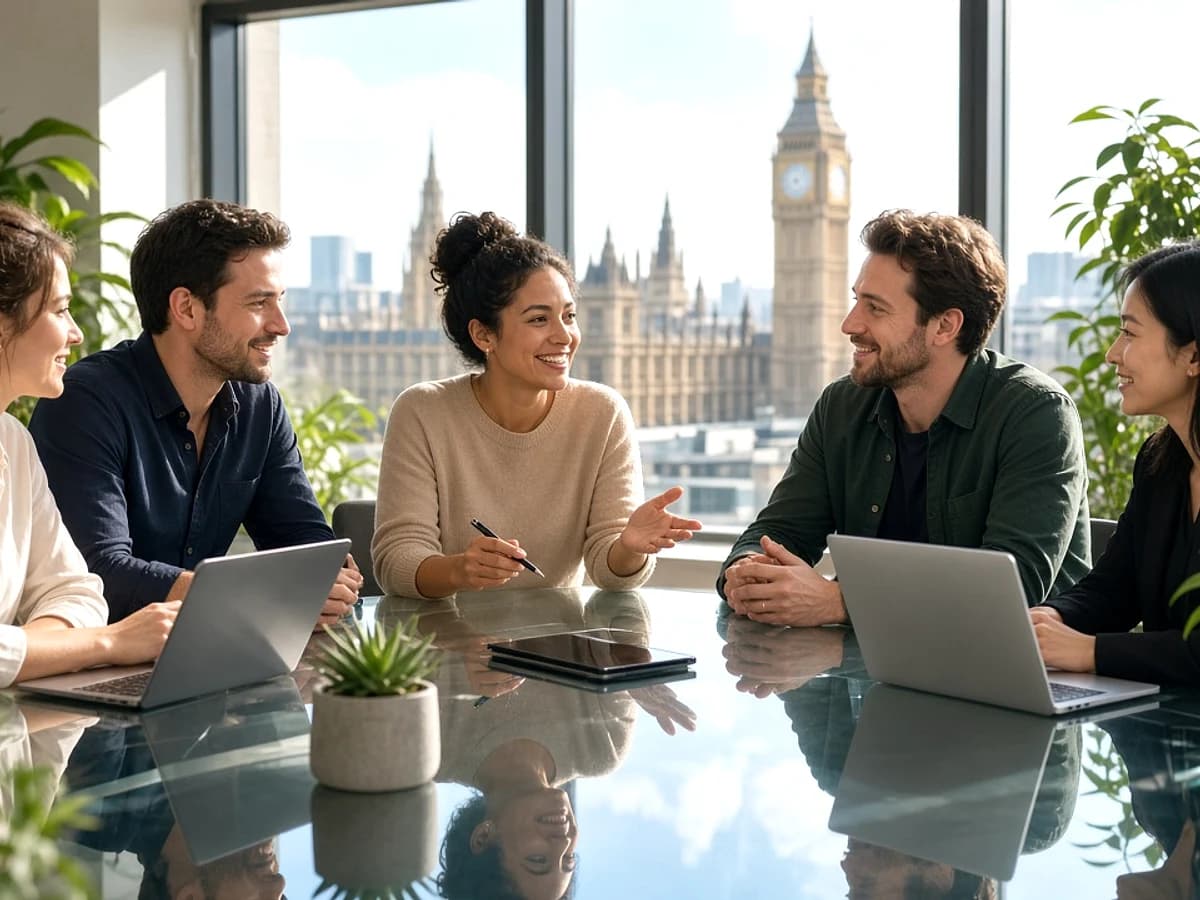UK business team discussing mobile application strategy with developers