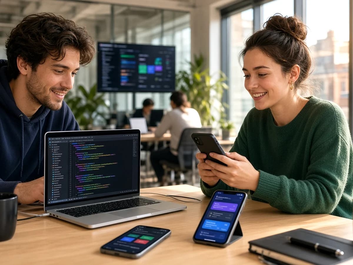 Mobile developers working on a cross platform application in a UK technology office