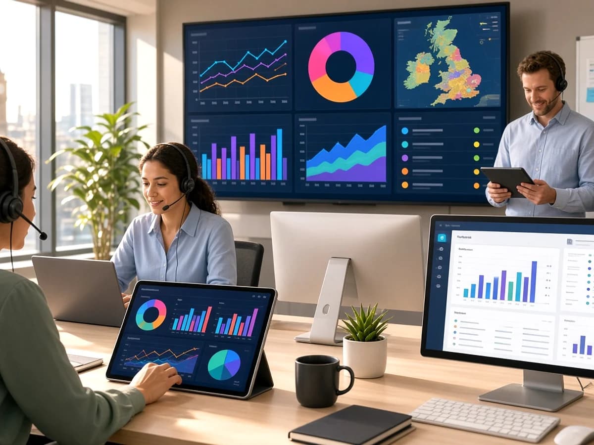 Mobile app support team monitoring application performance for a UK business