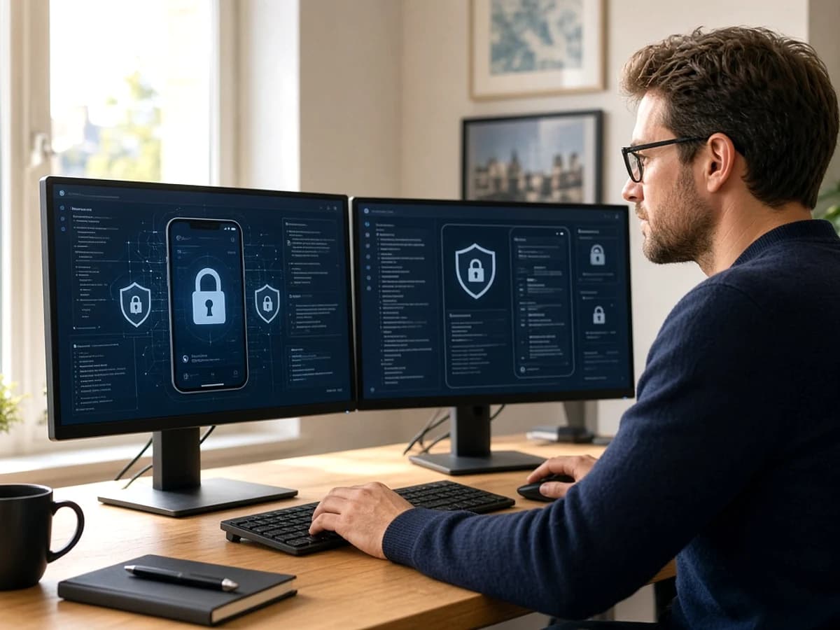 Developer reviewing mobile application security and data protection requirements