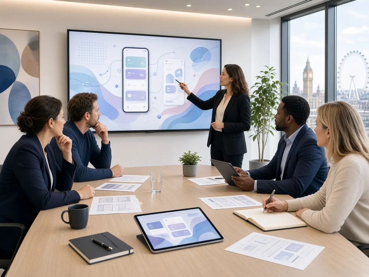 UK enterprise product team reviewing a complex mobile application design