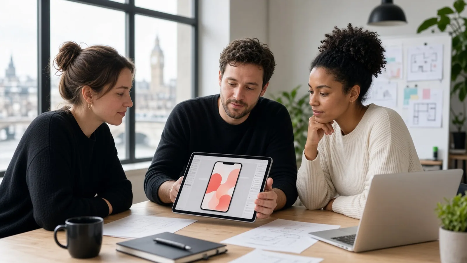 UK mobile app design team reviewing an interactive application prototype in a modern London office