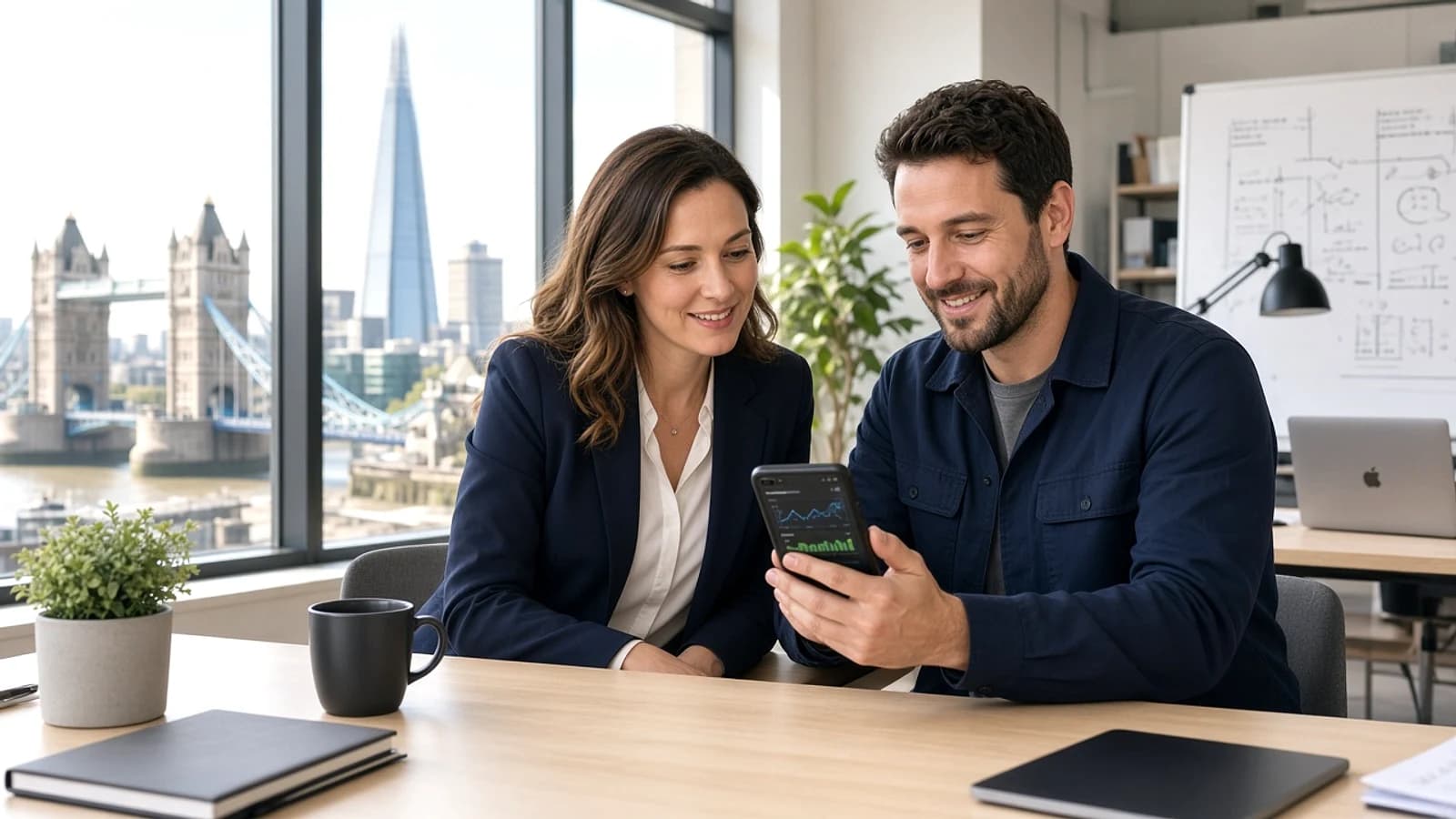 Business professional reviewing mobile application performance with a maintenance specialist