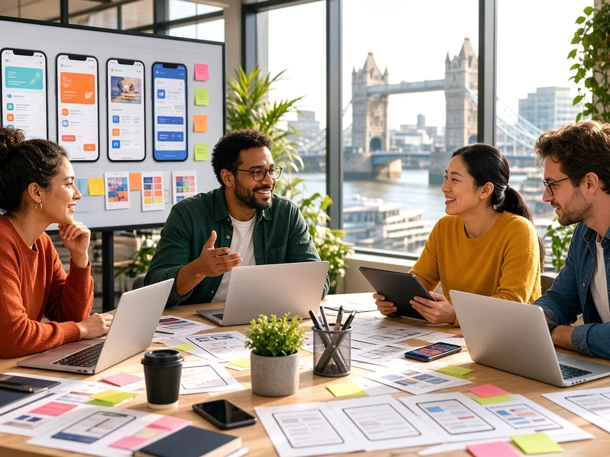 Digital product team working on mobile application improvements in a modern London workspace