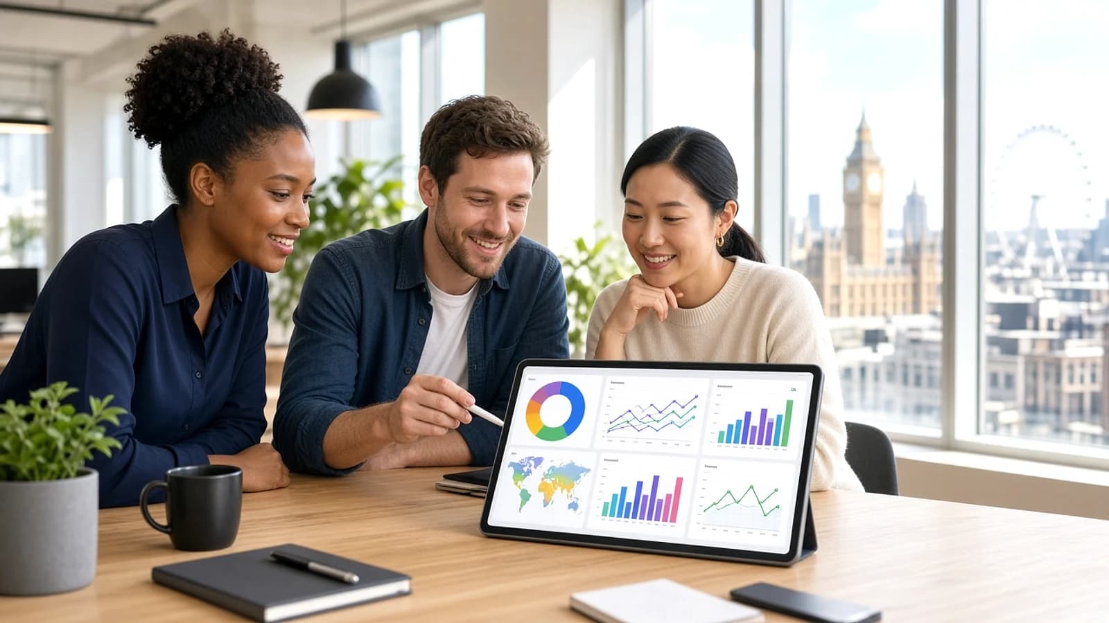 Mobile application support specialists reviewing app performance in a modern London technology office