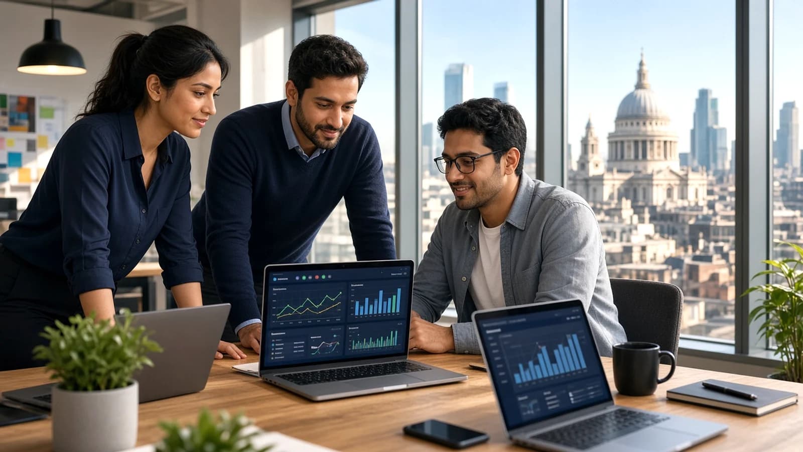 Mobile app maintenance experts reviewing application performance in a London technology office