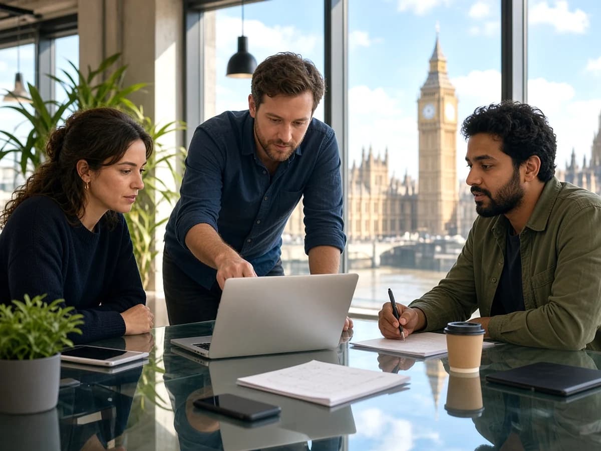 Mobile app maintenance specialists reviewing application issues in a UK technology office