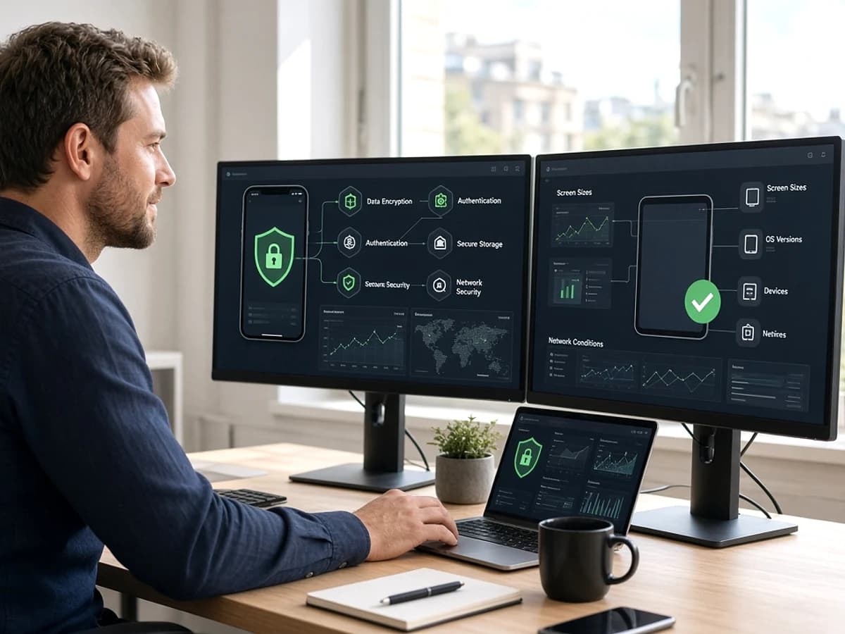 Developer reviewing mobile application security and compatibility requirements
