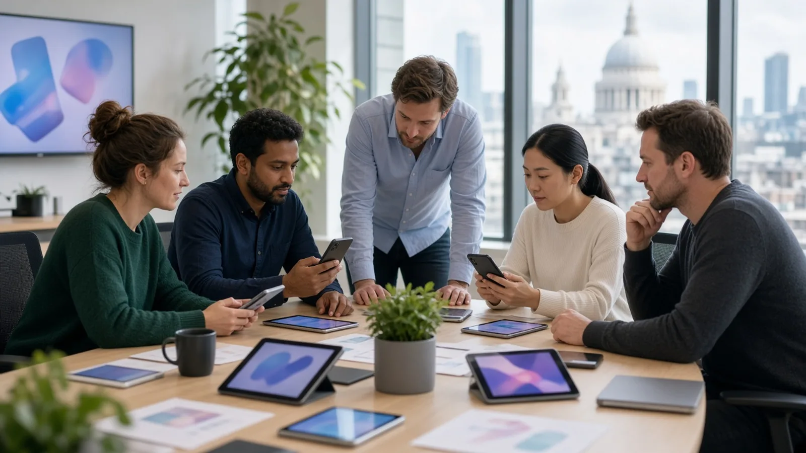 UK mobile app testing team reviewing application quality on multiple devices in a modern London office
