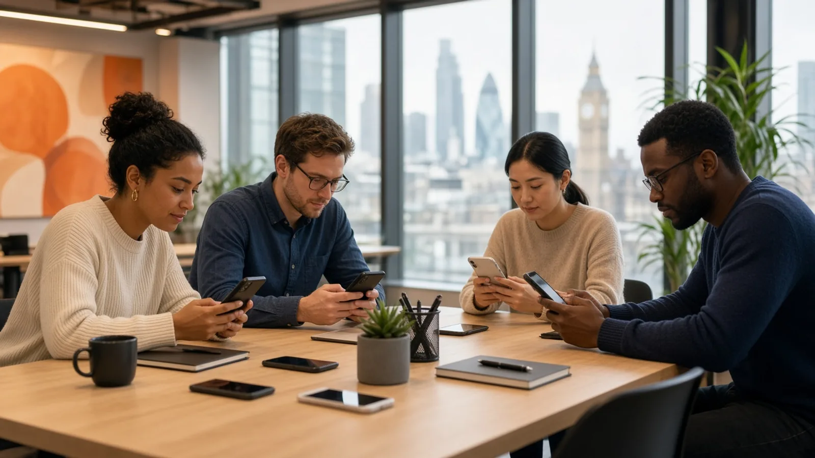 UK mobile QA team testing an application across multiple smartphones in a modern London office