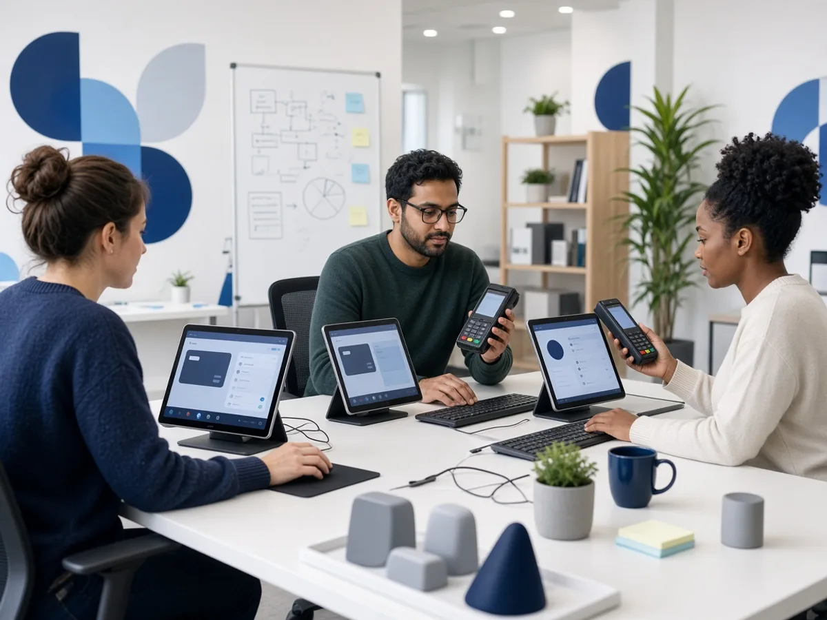 QA team testing a POS application with connected payment hardware
