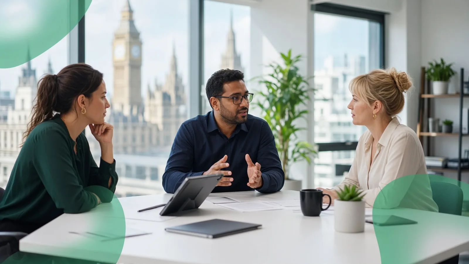 UK POS development team discussing a point of sale project in a modern London office