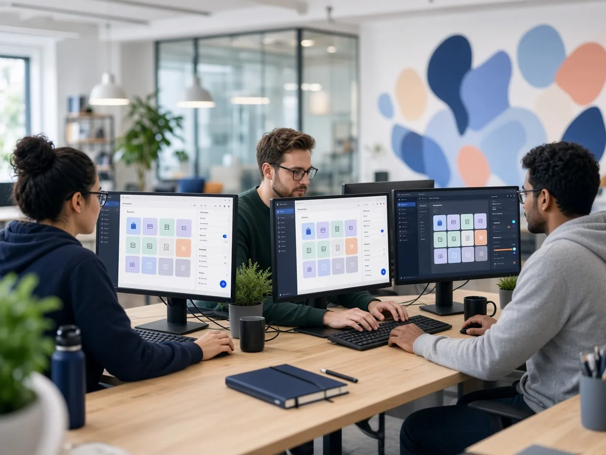 POS developers customising a point of sale application in a UK technology office