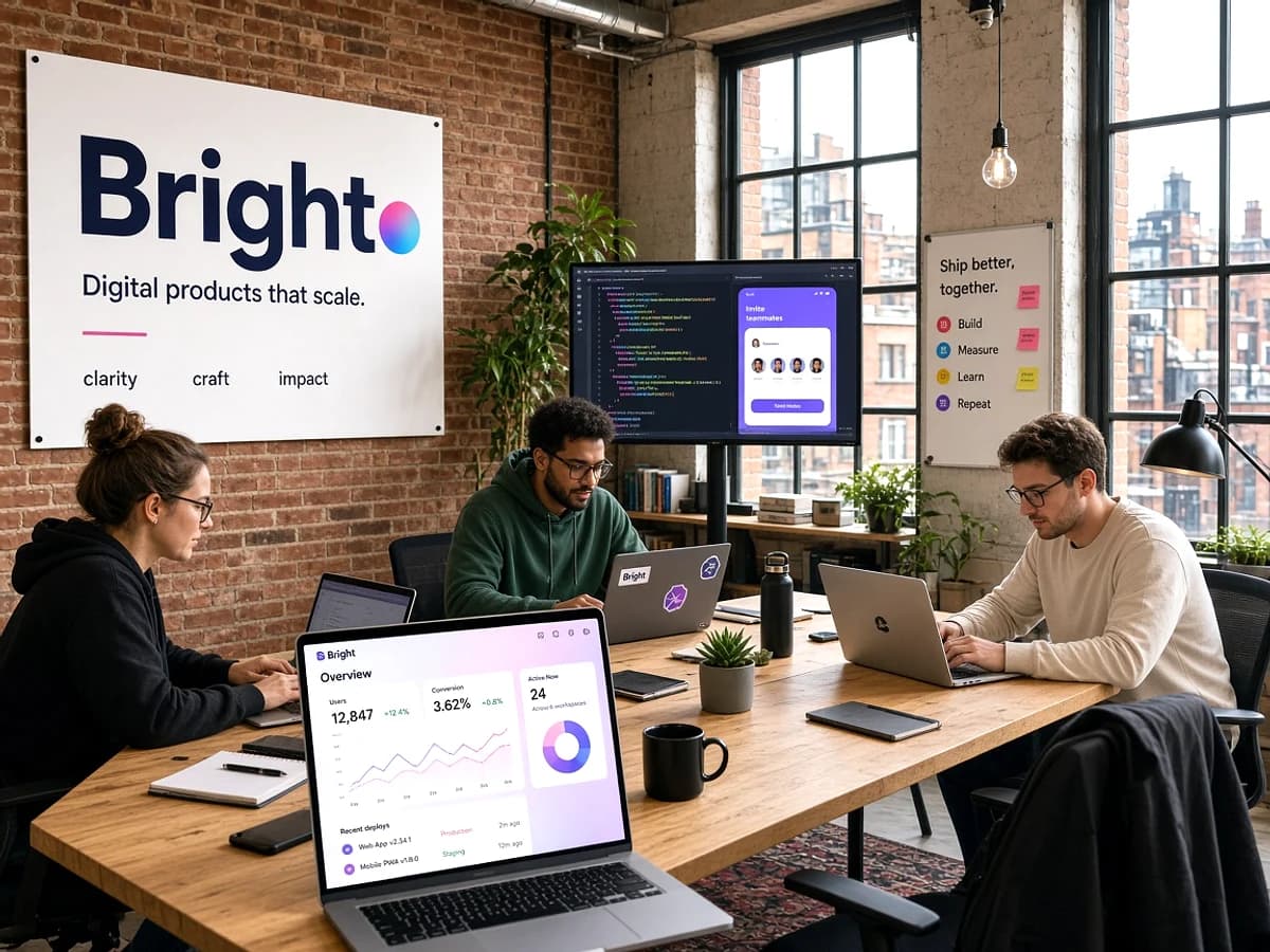 Digital product team developing a progressive web application in a modern London technology office