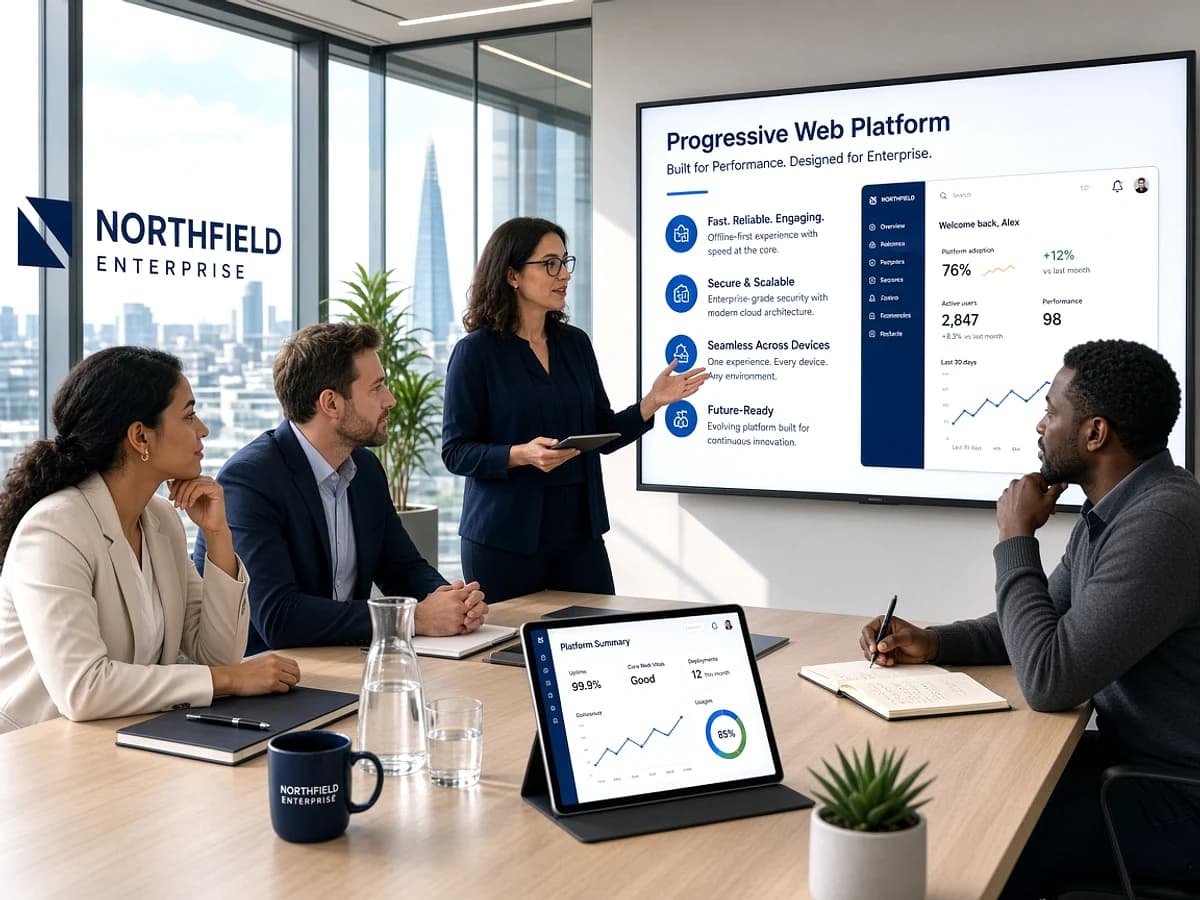 Enterprise technology team reviewing a progressive web application in a UK office