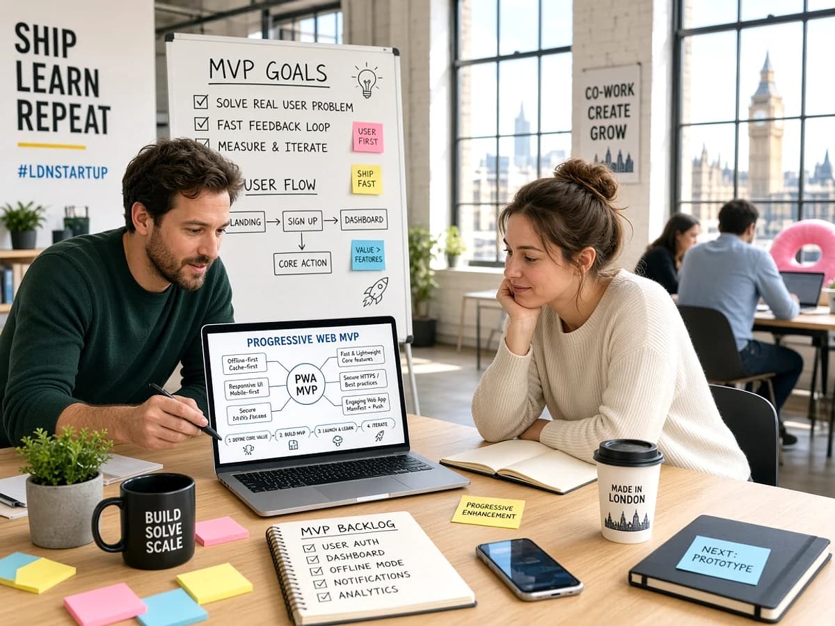 UK startup team planning a progressive web application in a London workspace