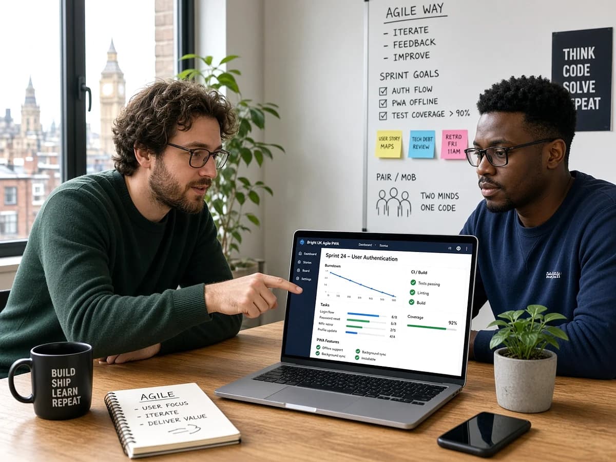 PWA developers building a progressive web application in a UK technology workspace