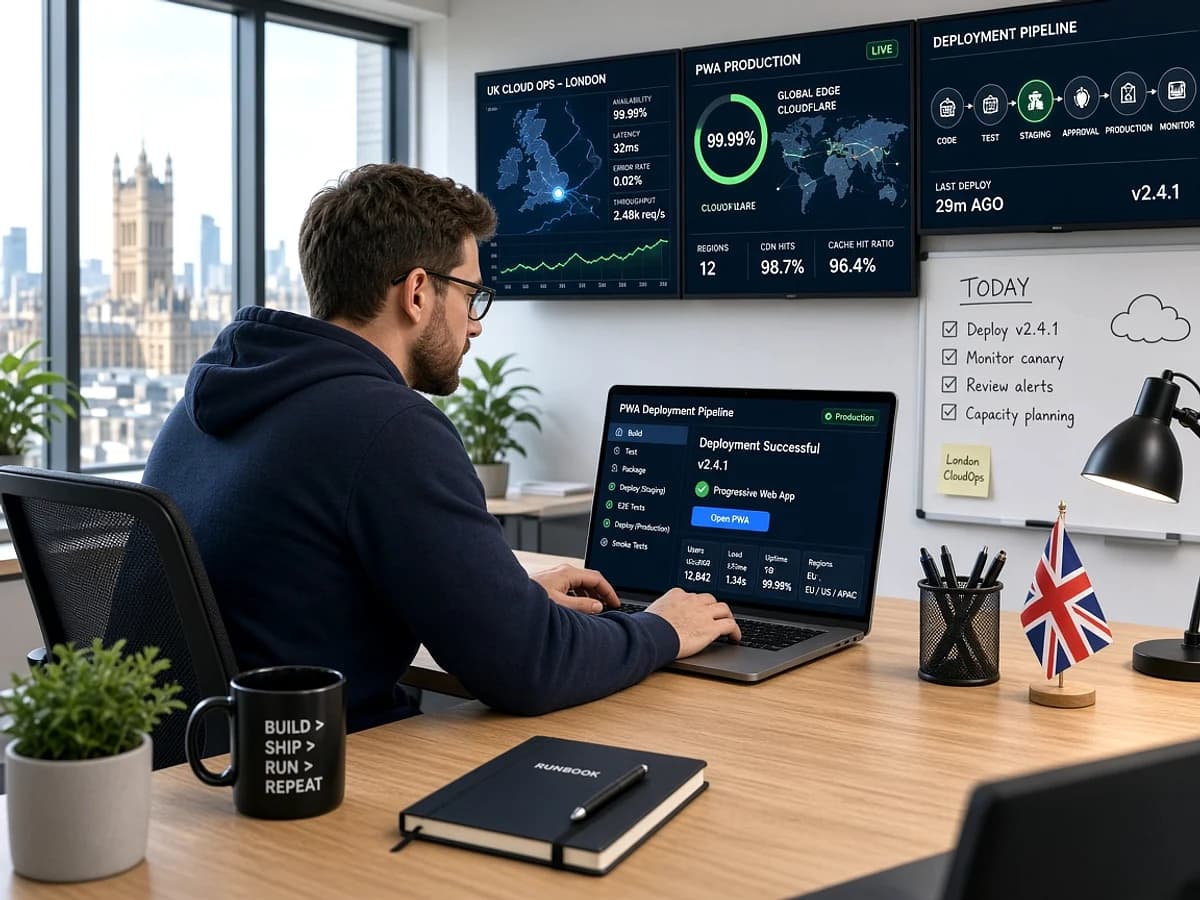 Development team preparing a progressive web application for production deployment in the UK