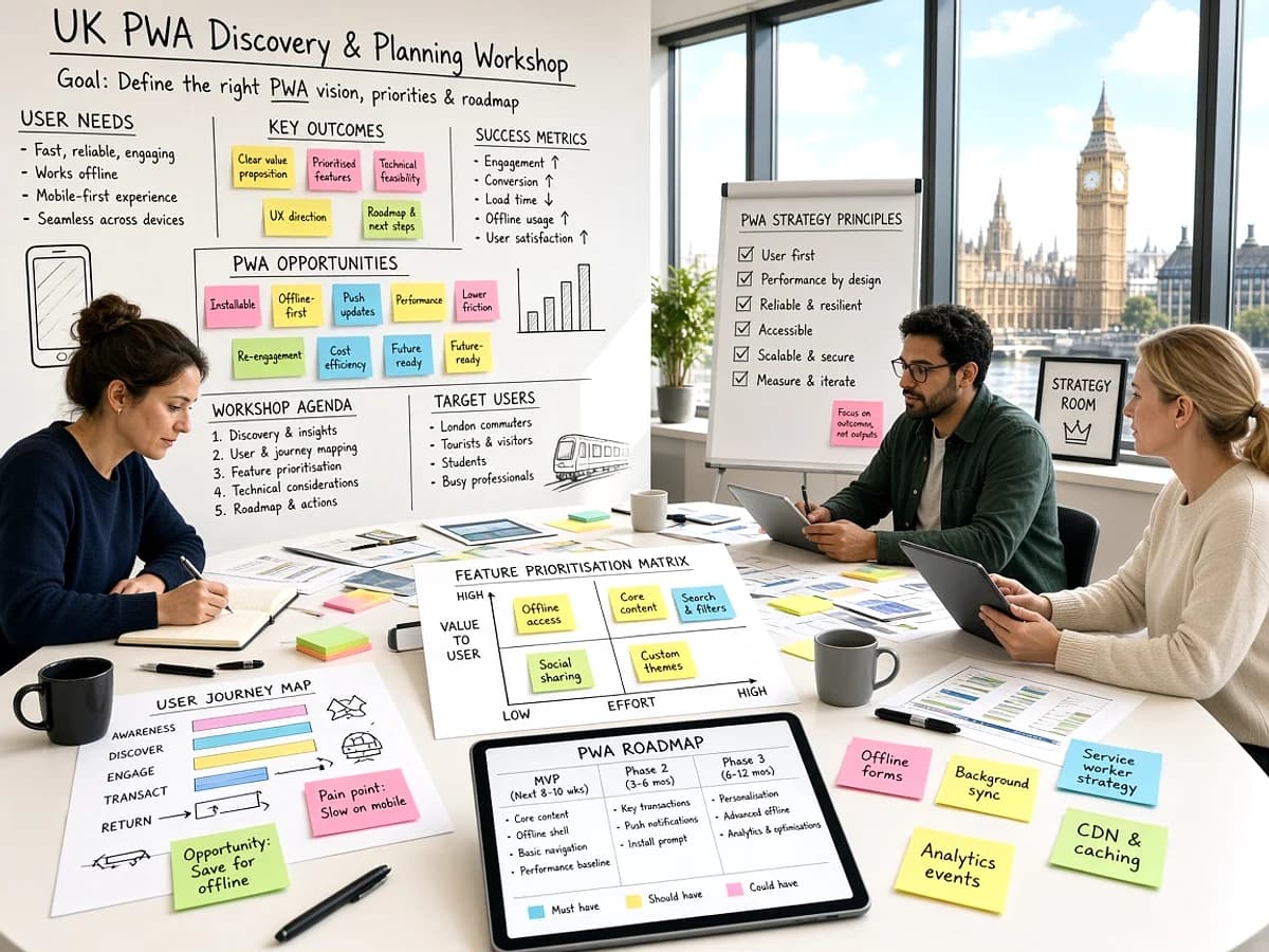 UK product team planning a progressive web application in a London office