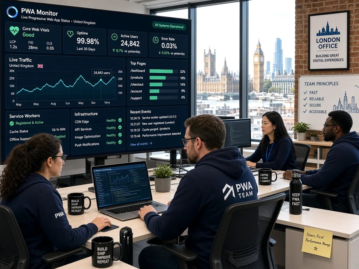 UK PWA support team monitoring a live progressive web application