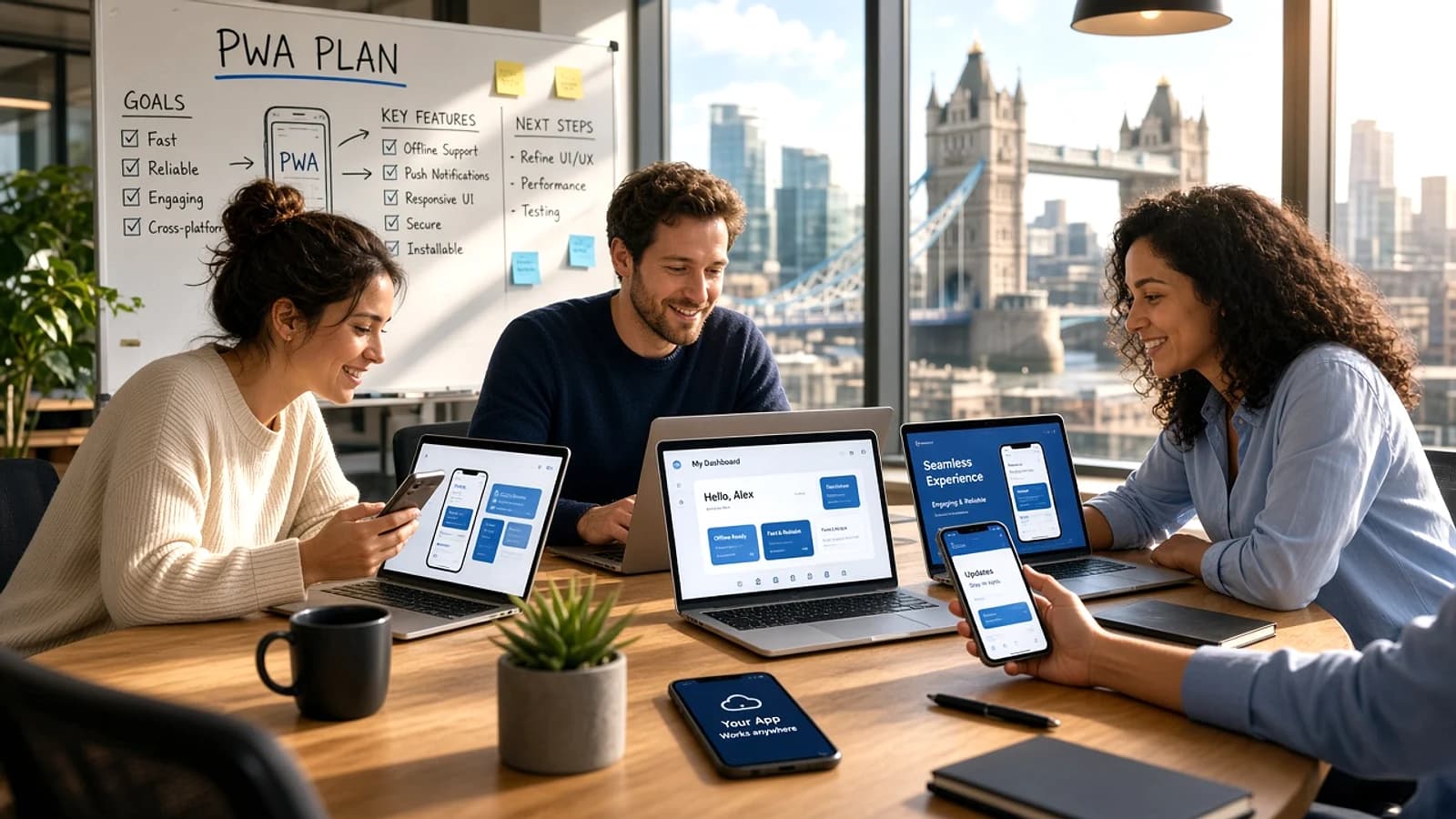 UK development team planning a progressive web application project in a modern London office