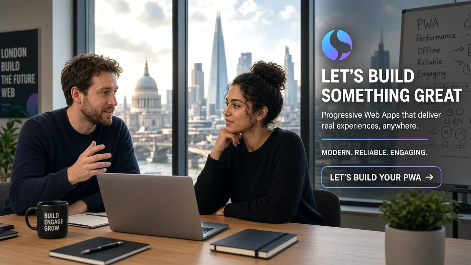 PWA developers discussing a progressive web application project in a modern London office