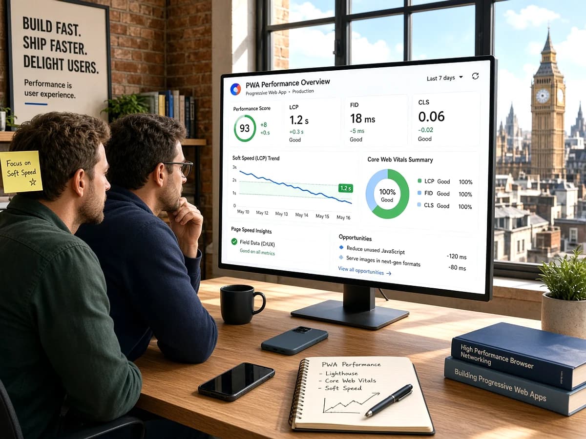 Web developers analysing PWA performance on multiple devices