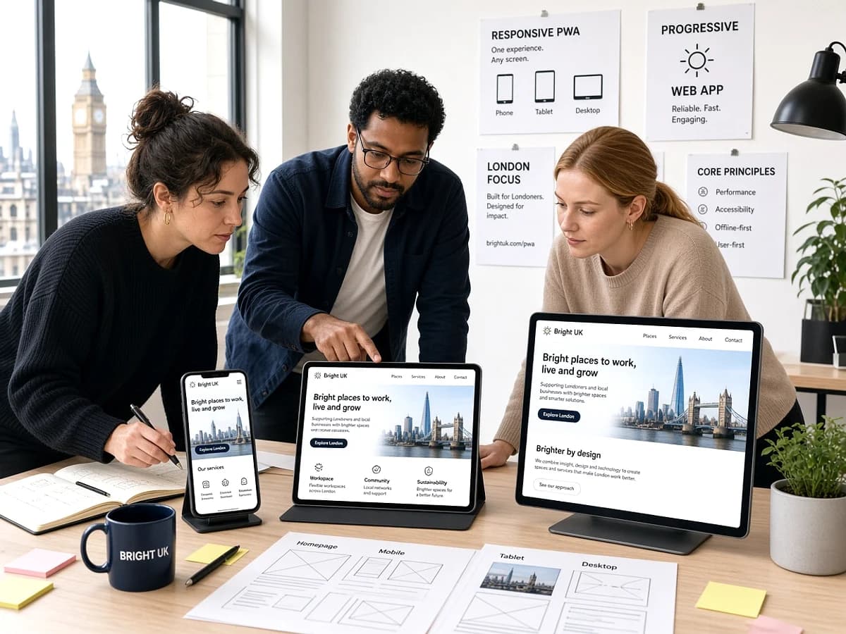 UI UX designers reviewing a responsive PWA interface in a London office