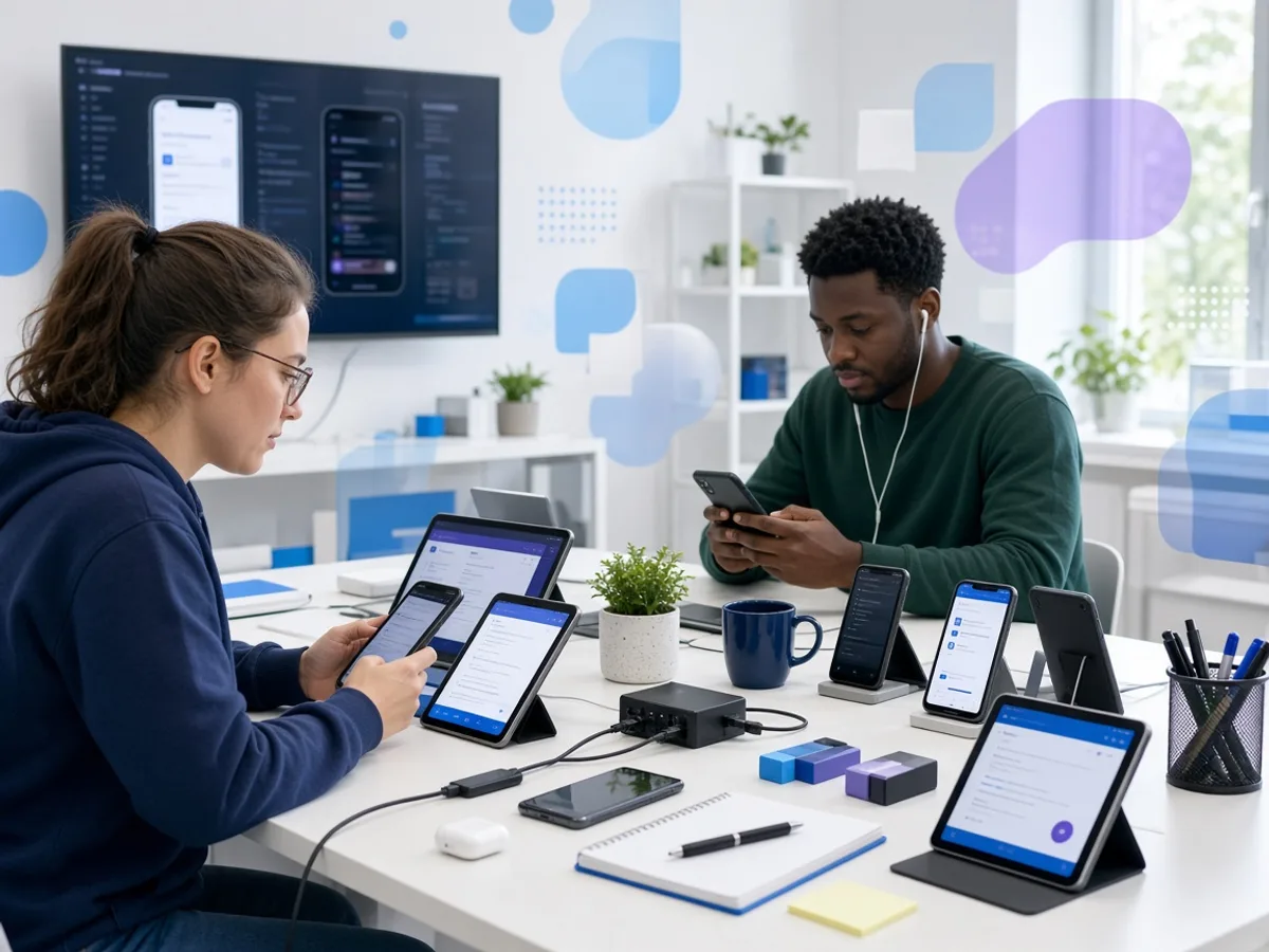 UK QA engineers testing a React Native application across iOS and Android devices