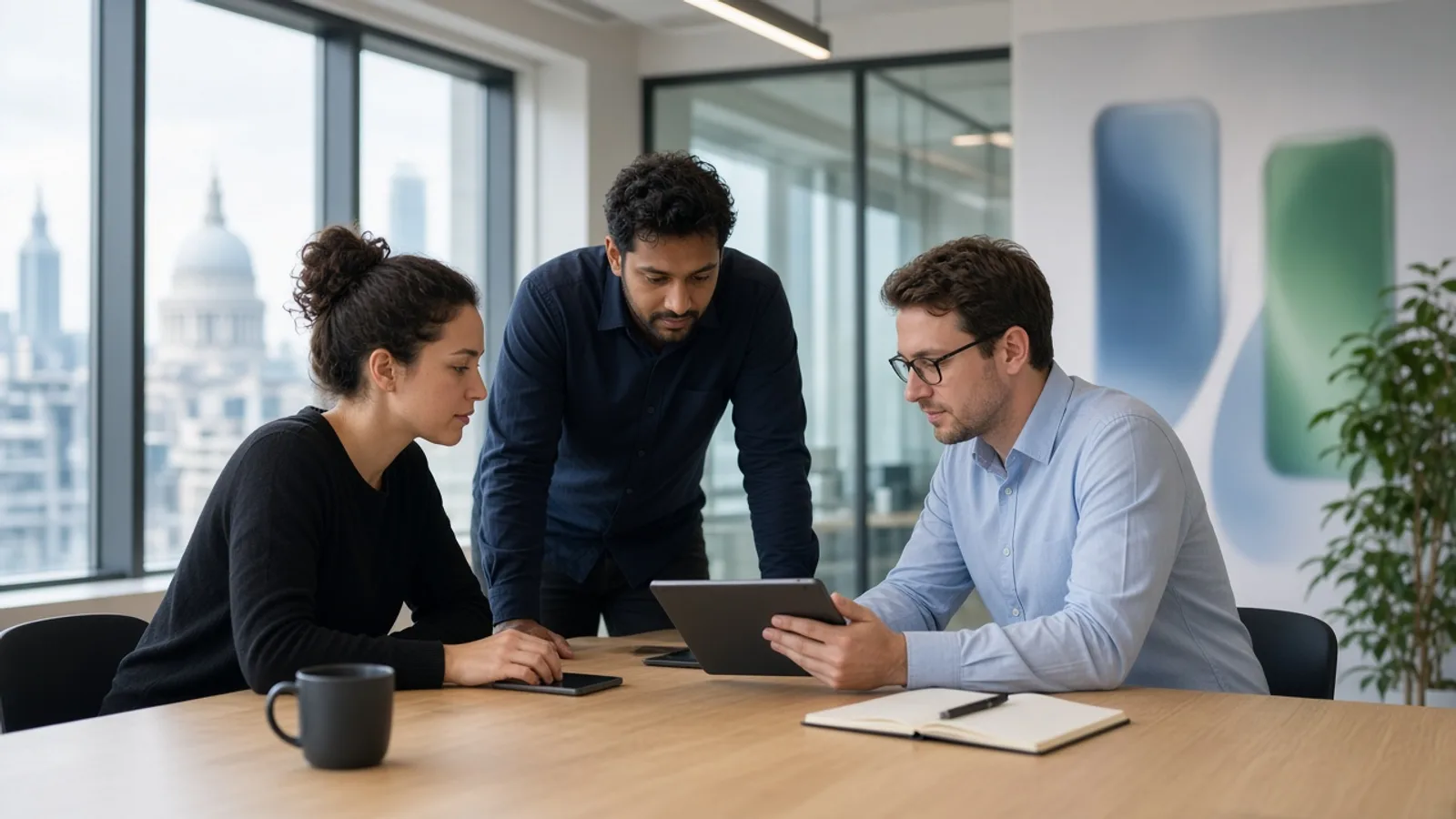 UK React Native development team reviewing an iOS and Android application project in a modern London office