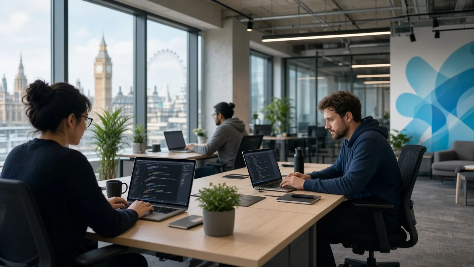 UK React Native development team working on a cross-platform mobile application in a modern London technology office