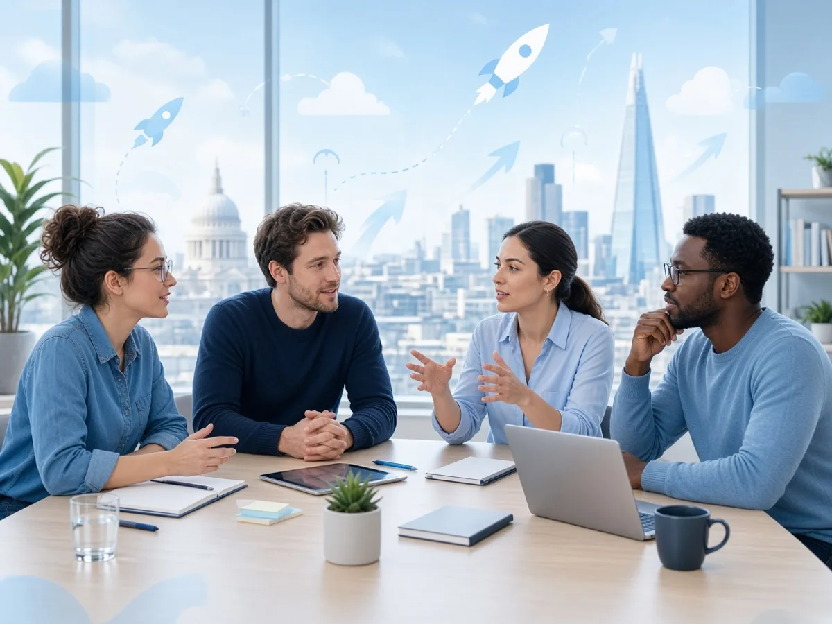 UK startup founders discussing a SaaS product strategy in London