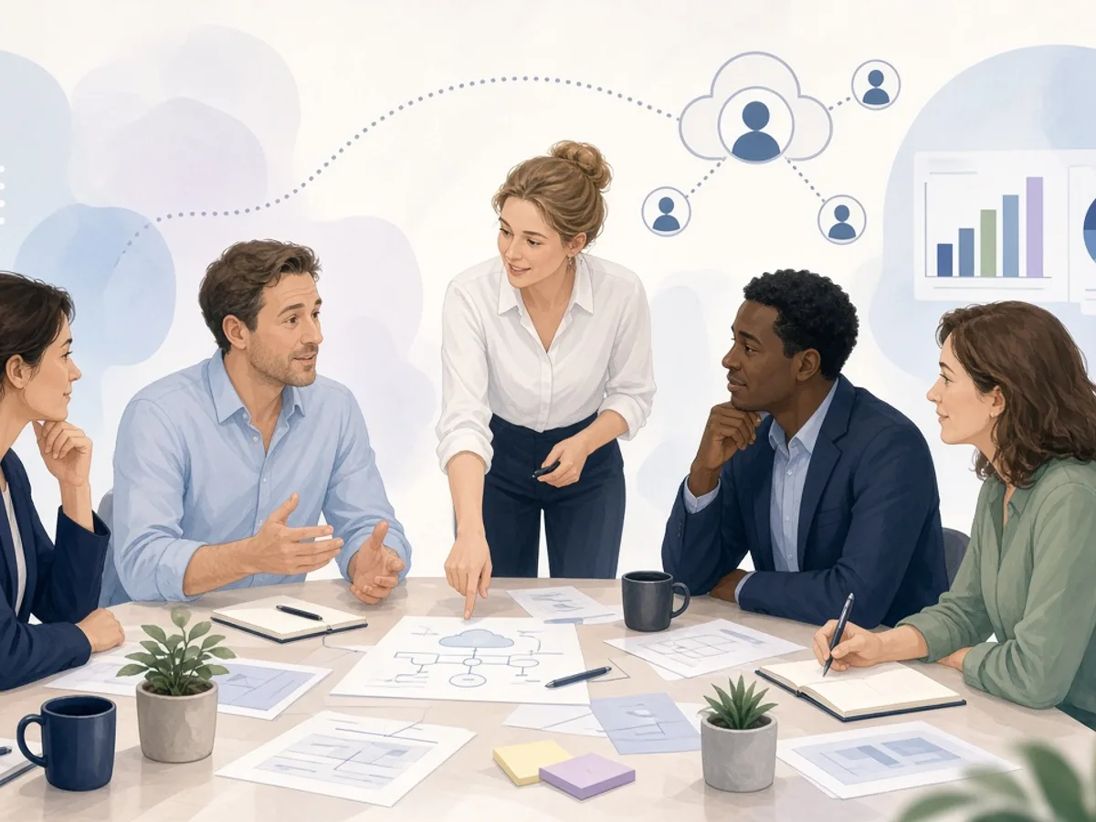 Salesforce consultants discussing CRM requirements with a UK business team