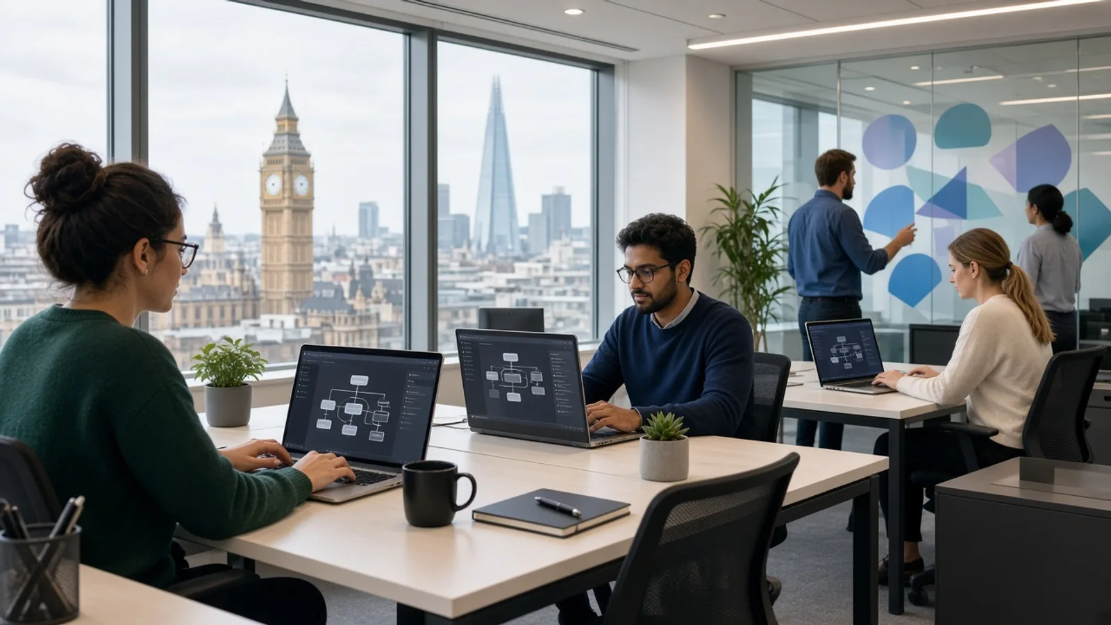 UK Salesforce development team working on a custom CRM solution in a modern London office