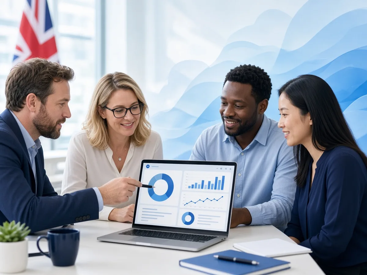 UK business team reviewing a Salesforce CRM dashboard