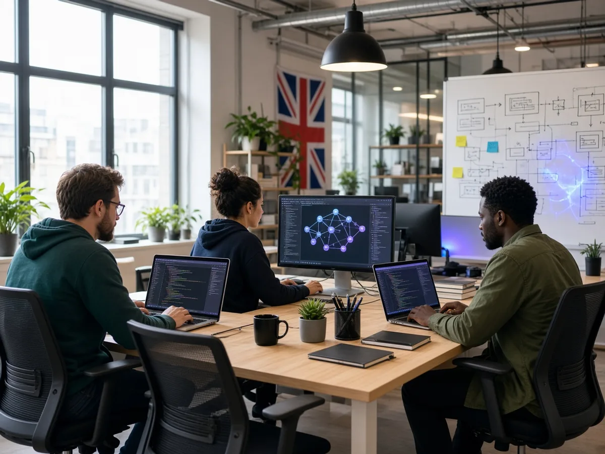 UK software developers building a custom application in a technology workspace