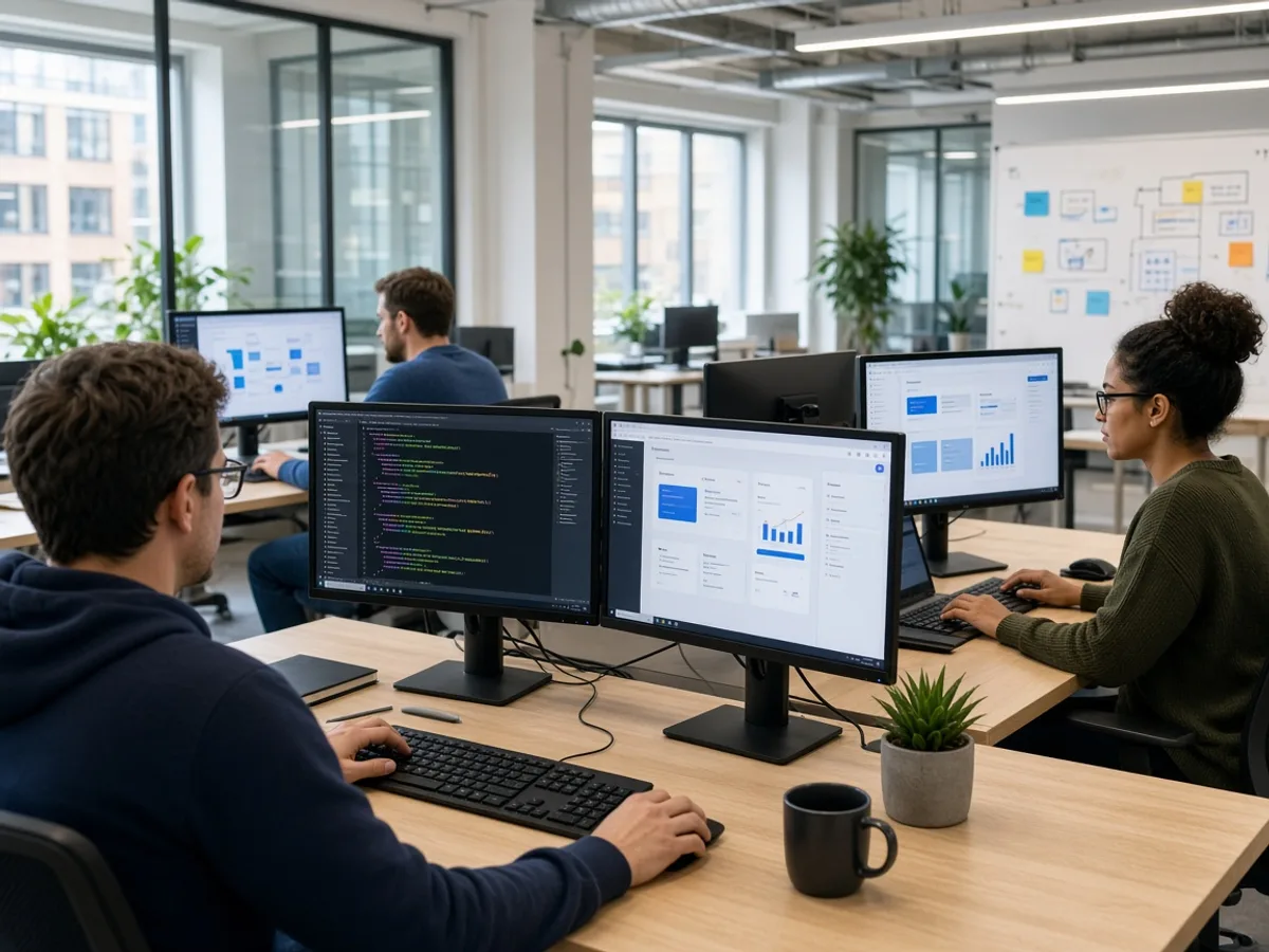 Software developers building a custom business application in a UK technology office