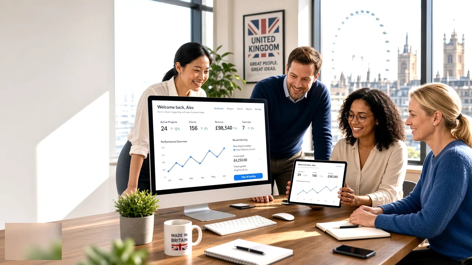 UK business team using a modern web application across desktop and tablet devices
