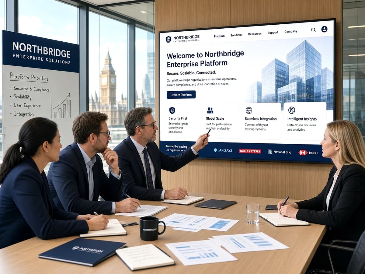 Enterprise technology team reviewing a web application in a UK office