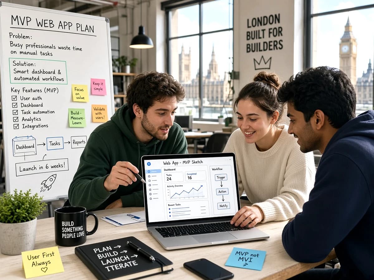 UK startup team planning a new web application in a London workspace