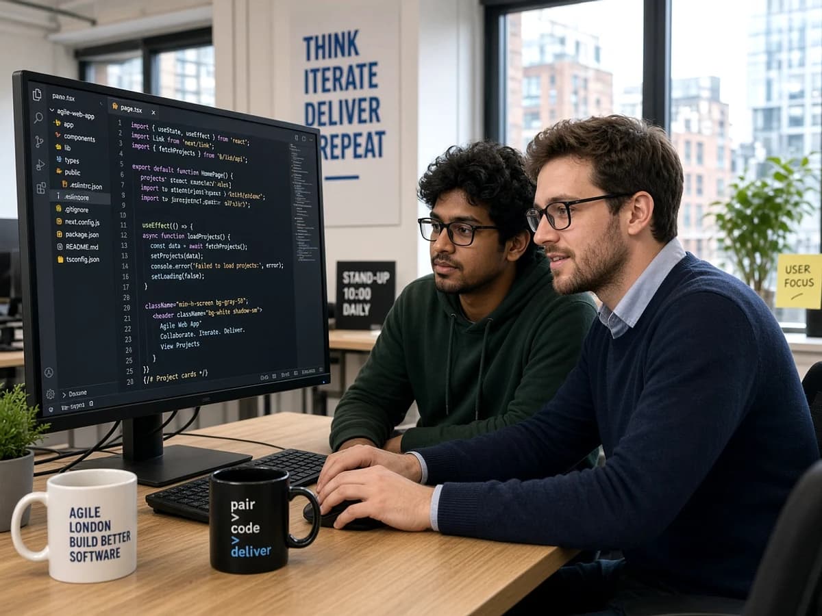 Web developers building a custom application in a London technology workspace