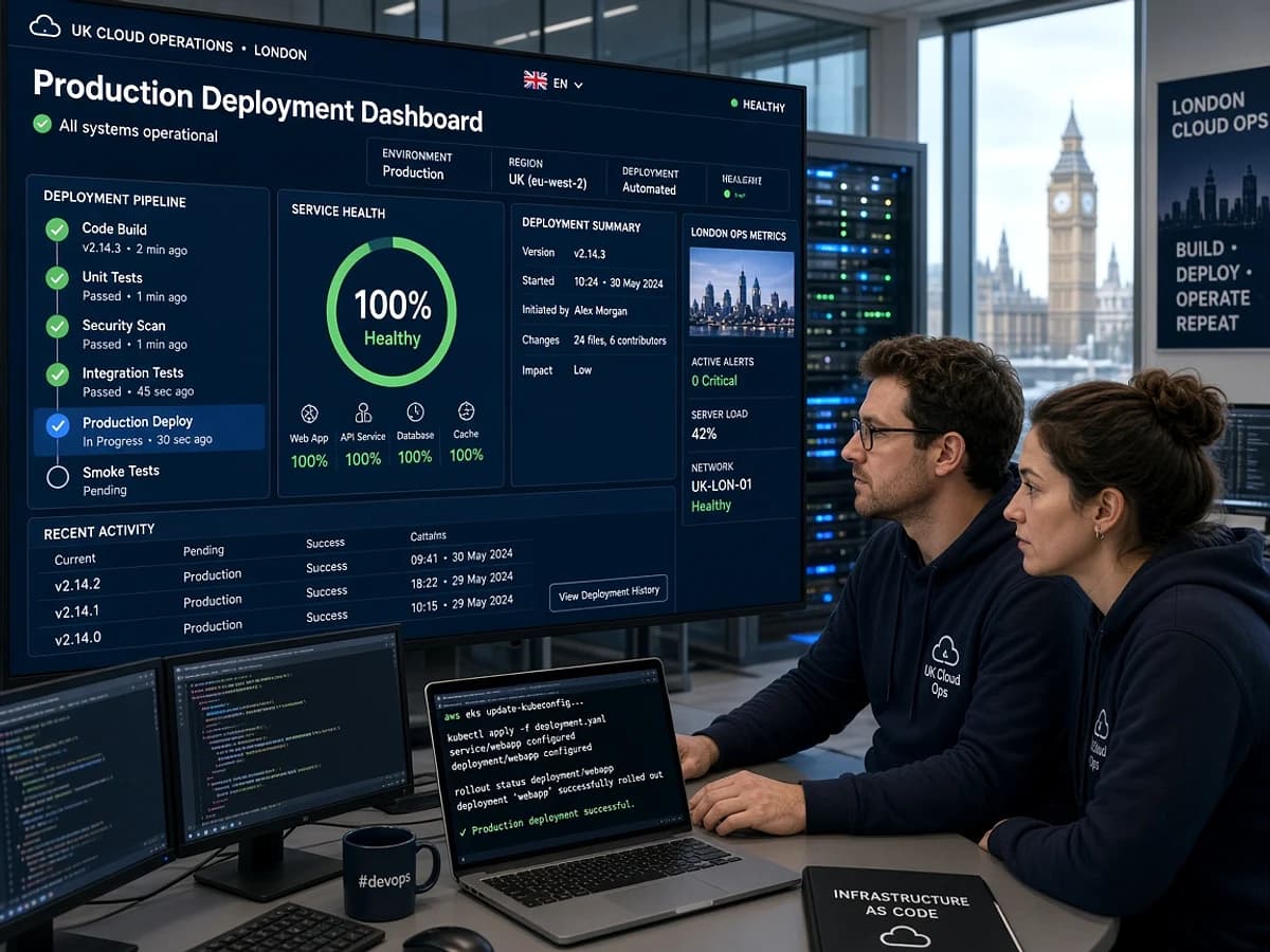 Web development team preparing a web application for production deployment in the UK