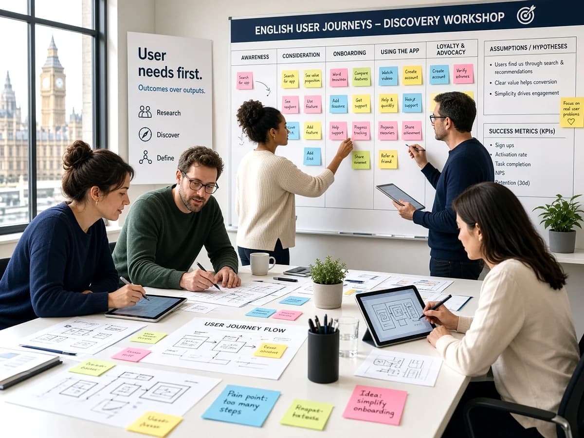 UK product team planning a web application project in a London office